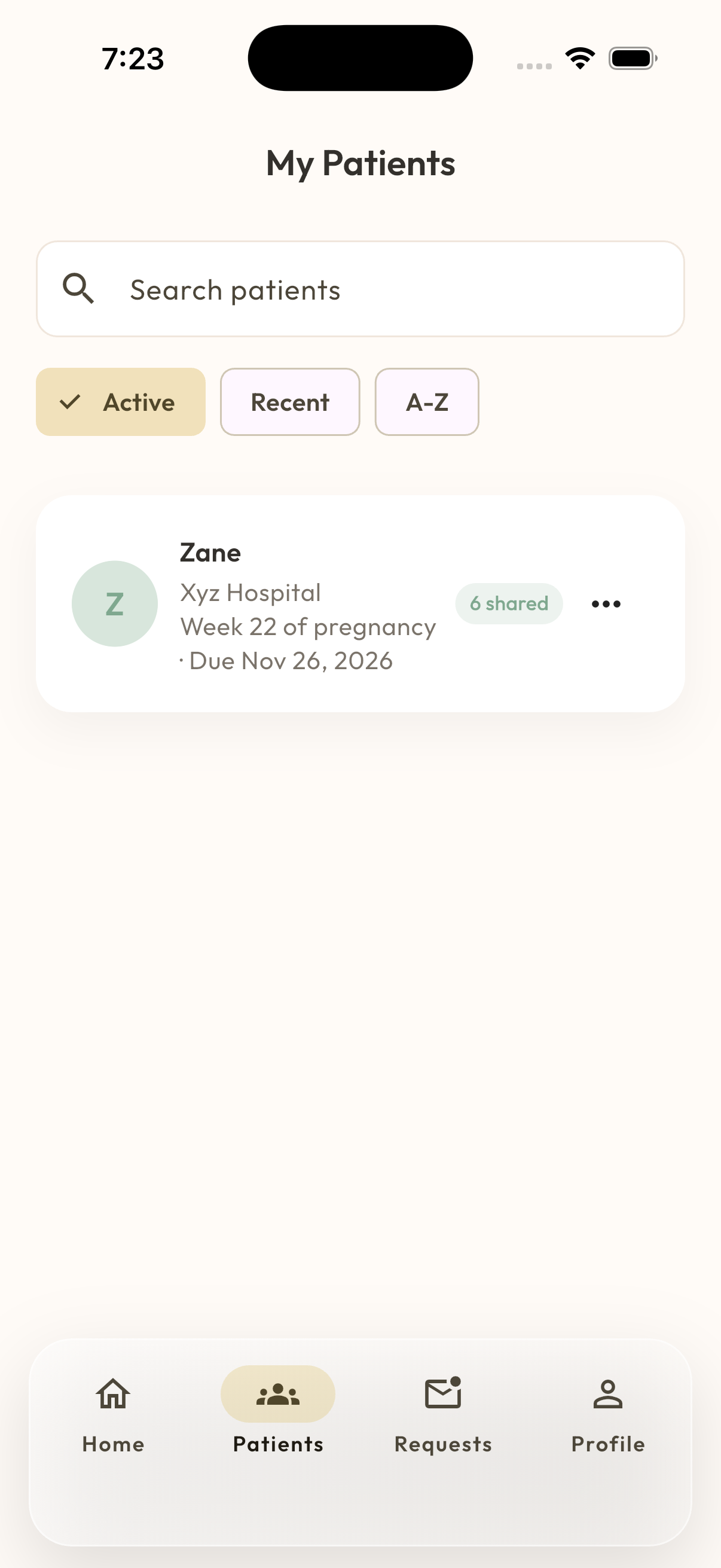MaaSphere My Patients screen showing a searchable patient list